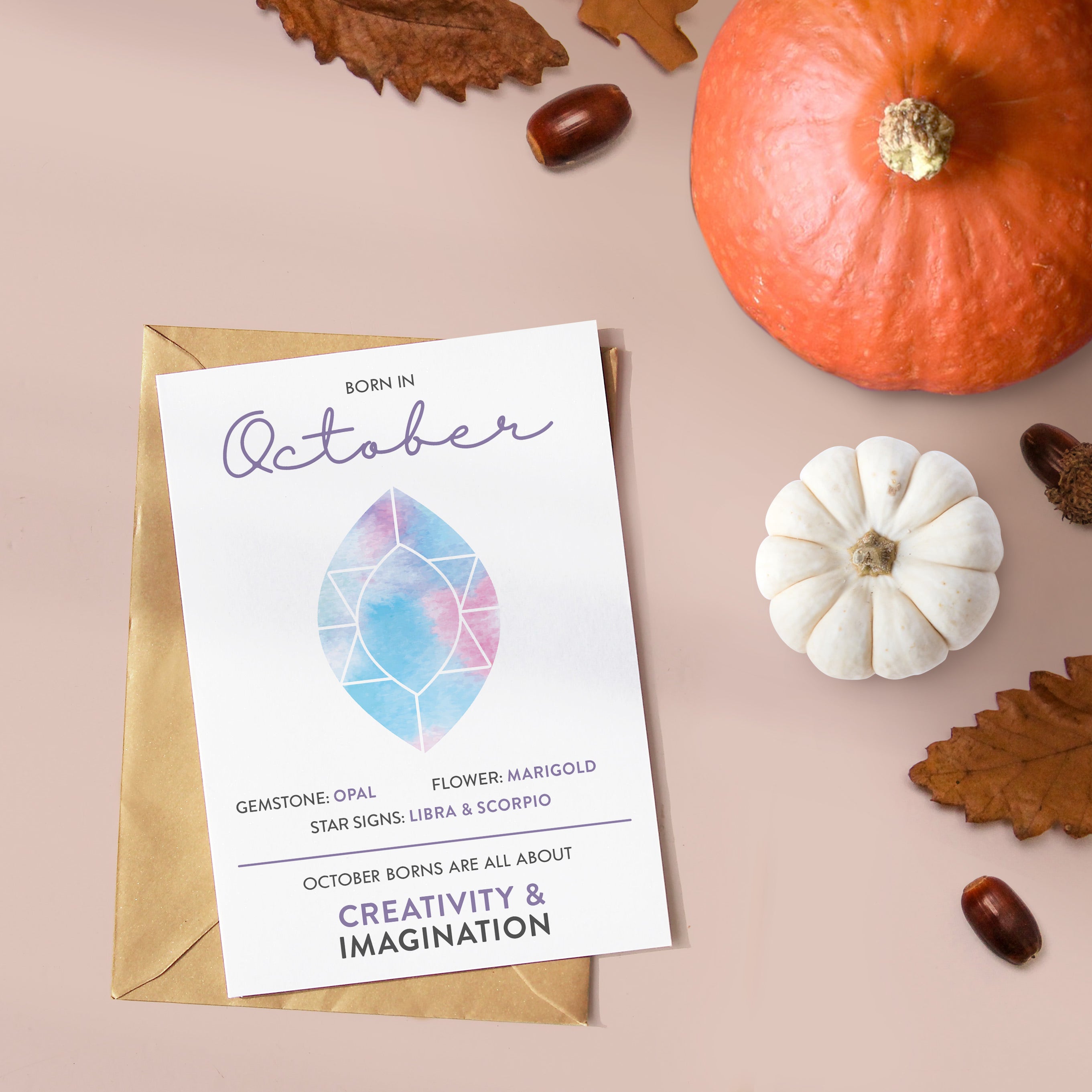October Birthday Card with October Birth Stone, October Birth Flower and fun facts