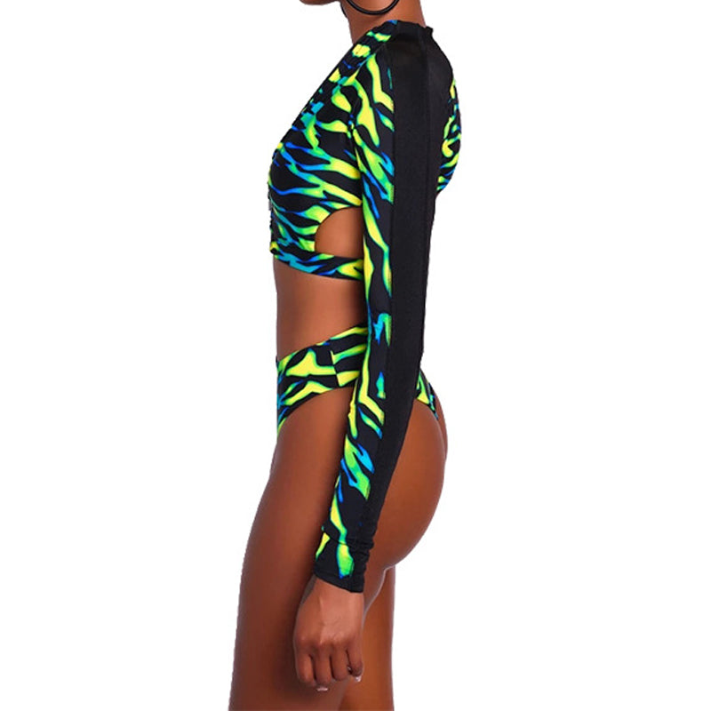 Peace Monet- Neon blue/green Long Sleeve Backless High Waist Bikini Bathing Suit Set -