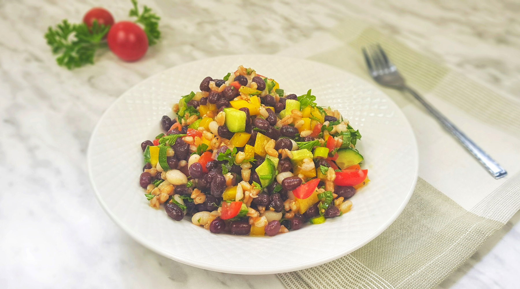 farro and bean salad from the side