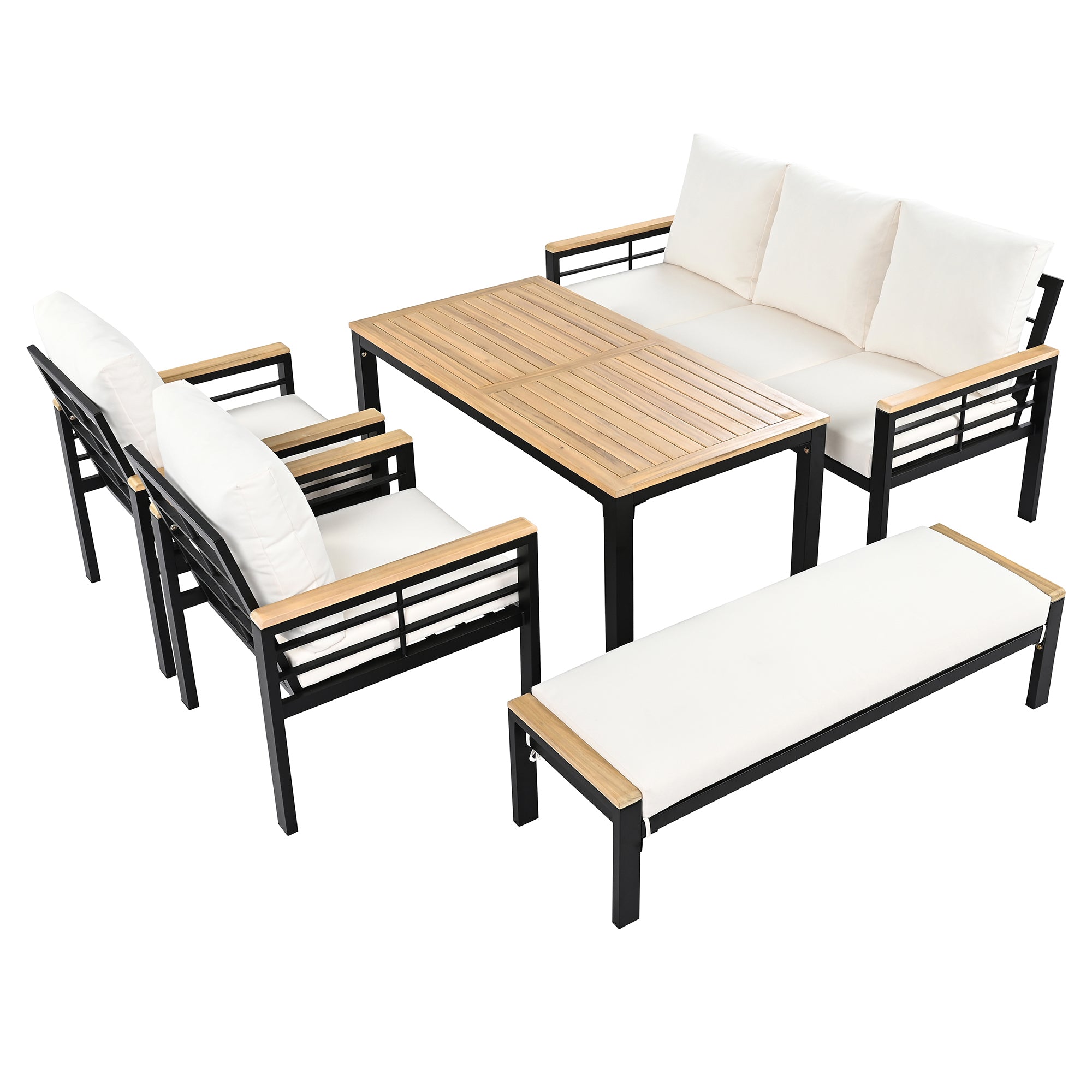 Walker Edison | 5 Pieces Outdoor Patio Conversation Chat Set with Coffee Table and Bench - Image 34
