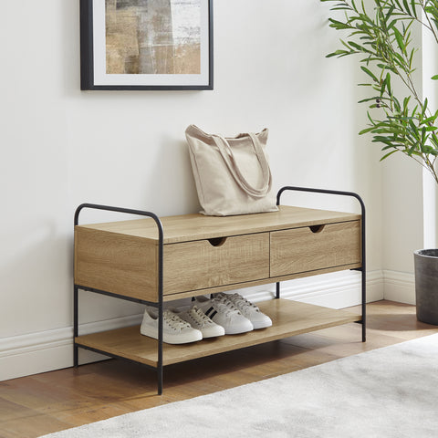 Modern industrial 2-drawer entry bench in an entryway with a large plant and neutral rug.