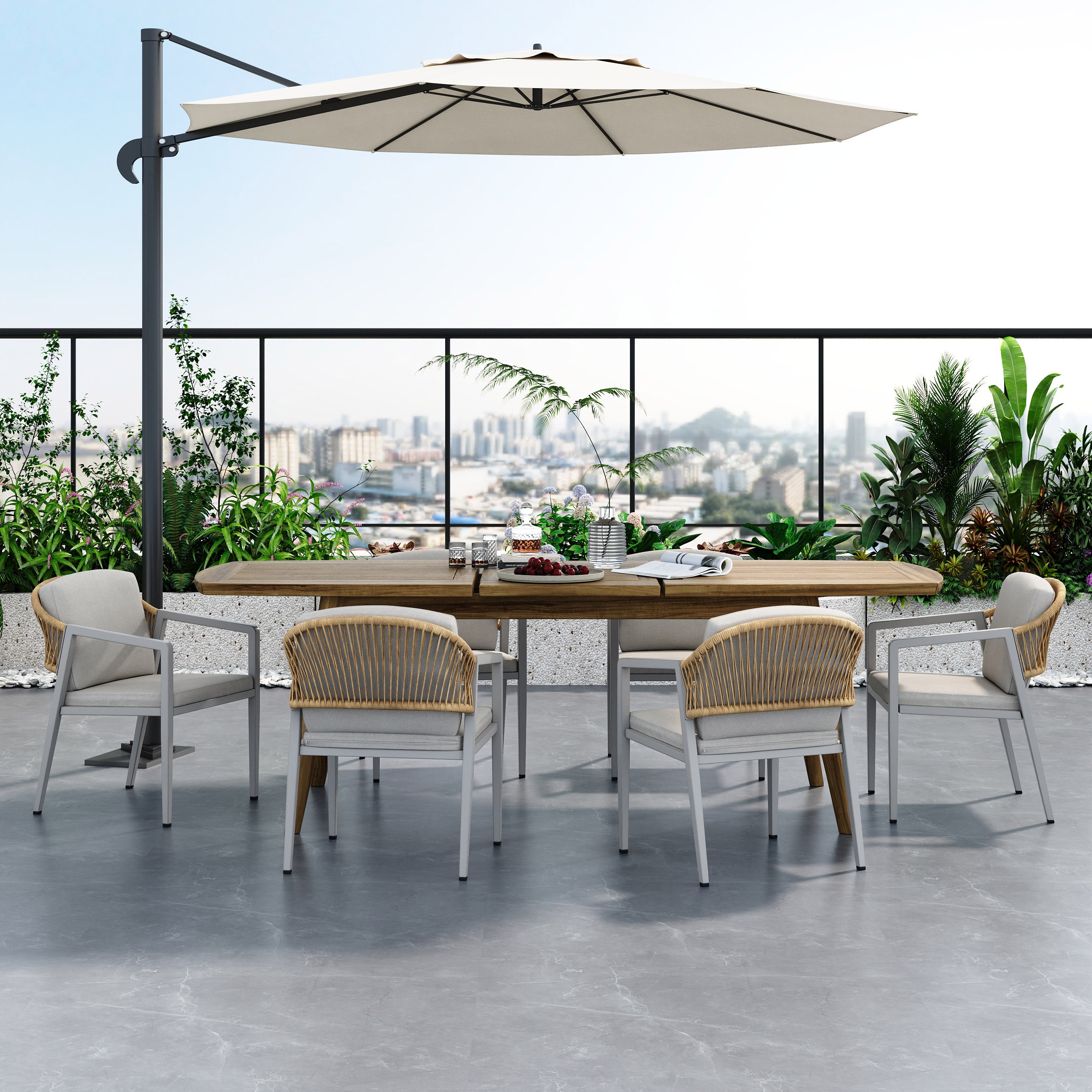 Walker Edison 6-Piece Outdoor Dining Set with Expandable Feature and Acacia Wood Chairs