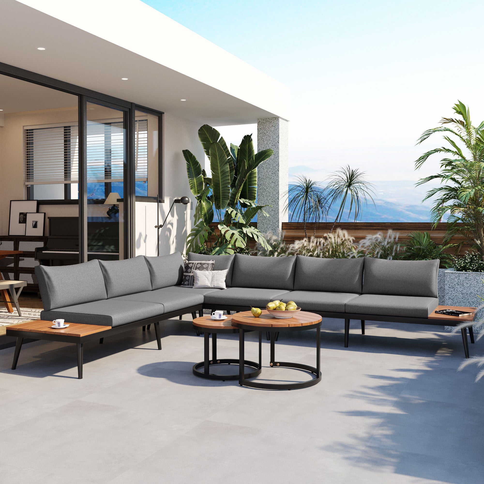 Walker Edison | 6-Piece Outdoor Sectional Sofa Set with Nesting Coffee Tables