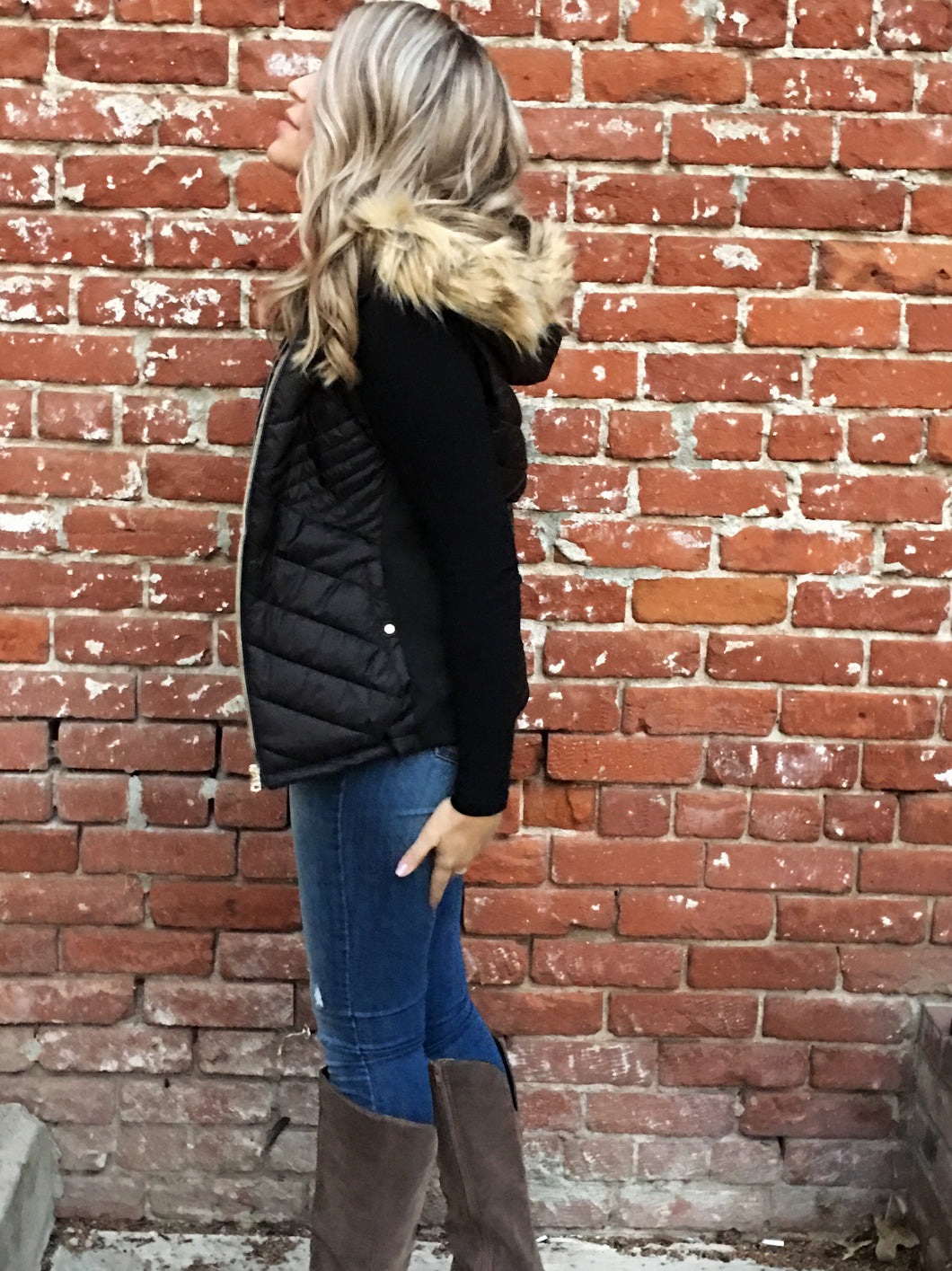 Buffalo Black Puffer Vest With Faux Fur Hood KKK