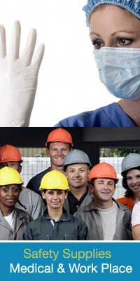 Collage showing medical and construction safety supplies