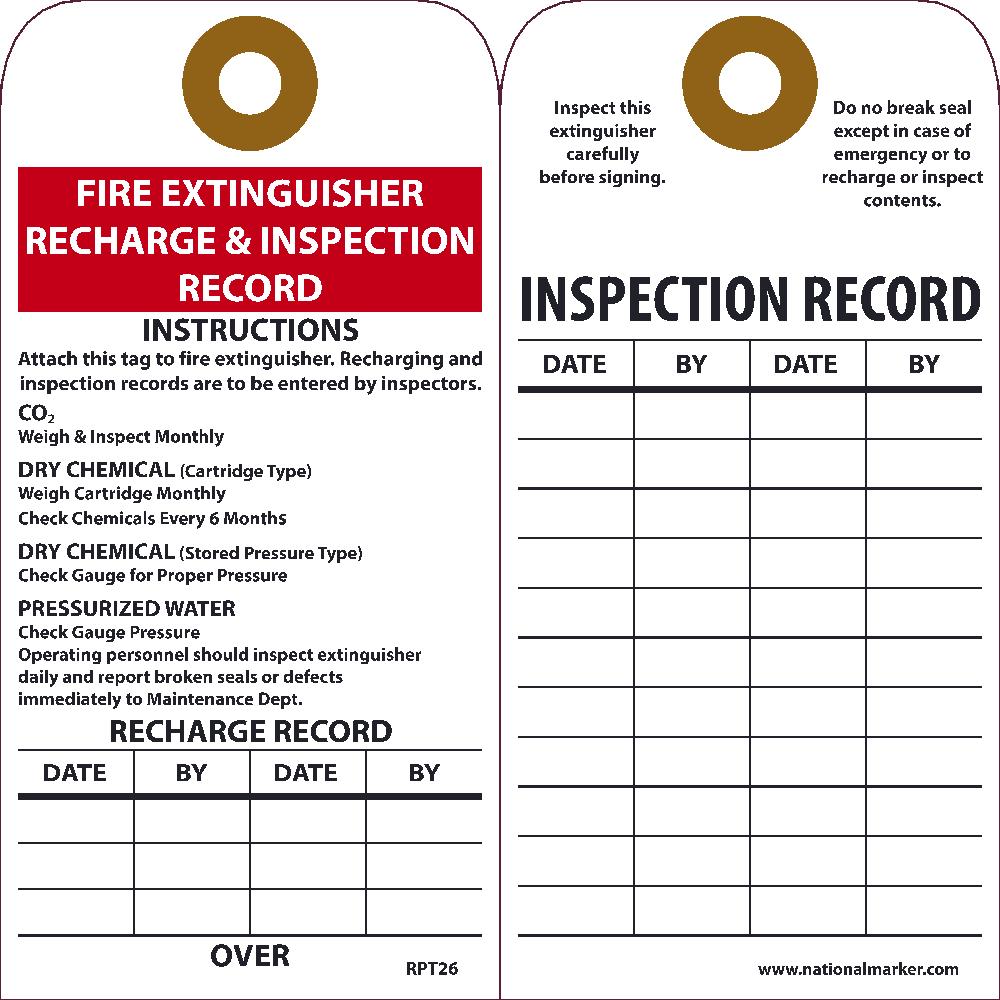 Fire Extinguisher Recharge & Inspection Record Tag - Pack of 25