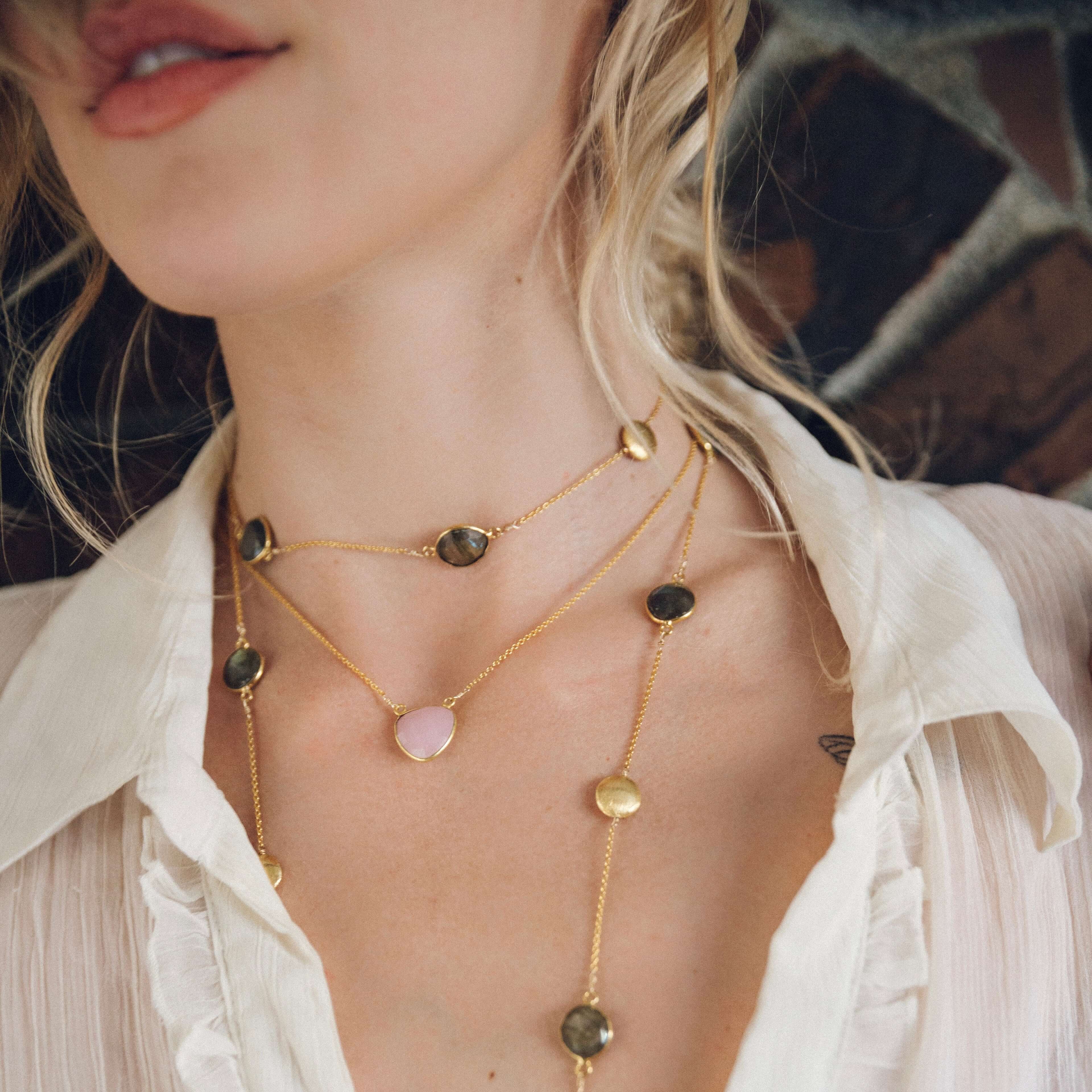 Pink tourmaline and Rose quartz Lariat Necklace in Gold filled