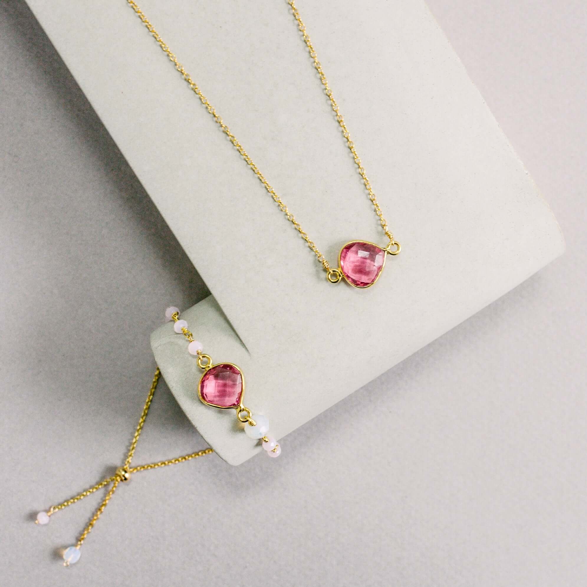 Pink tourmaline and Rose quartz Lariat Necklace in Gold filled