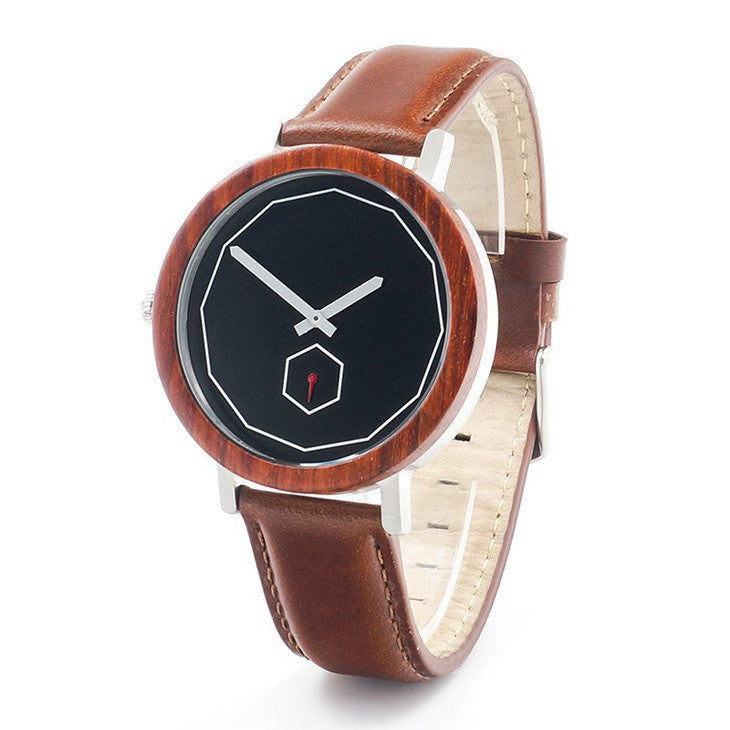 Black dial minimalist watch with wooden bezel and brown leather strap