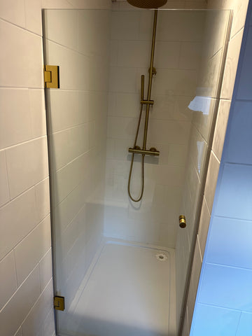 Single frameless shower door with brass hinges