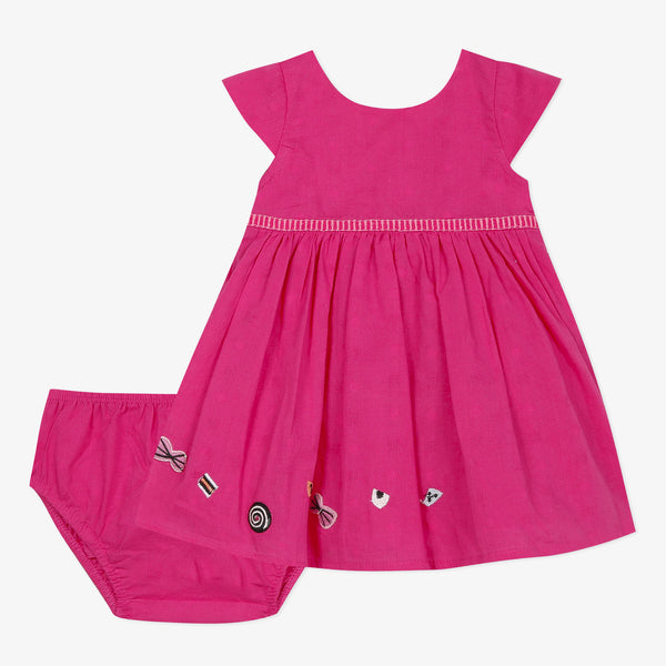 Newborn girl  fuschia pink dress and bloomer set