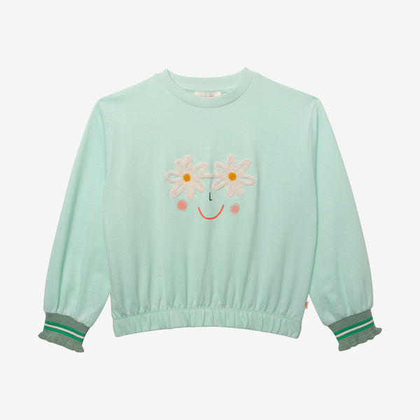 Girl's green face-flowers sweatshirt