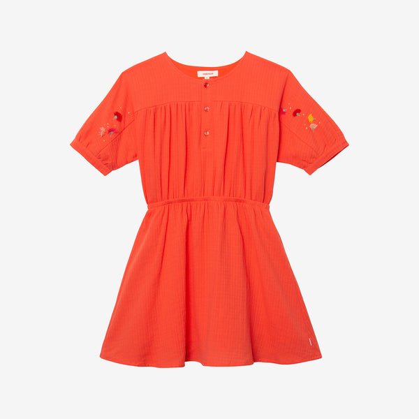 Girl's orange woven embroidered dress