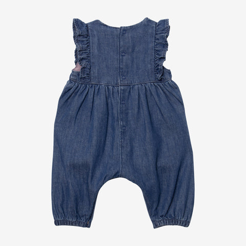 Newborn girls' long embroidered denim jumpsuit