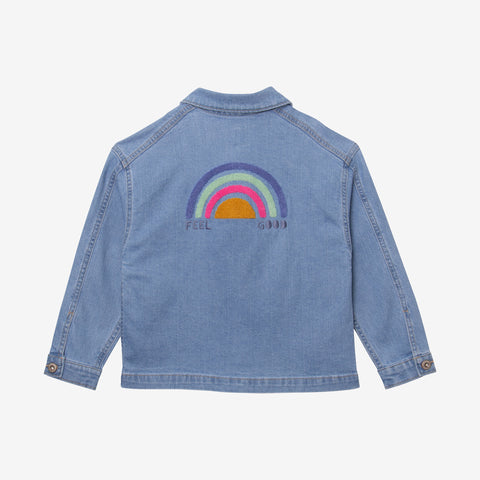 Girls' jean jacket with embroidery on the back.