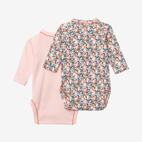 Newborn girls' pink and printed 2-pack bodysuits