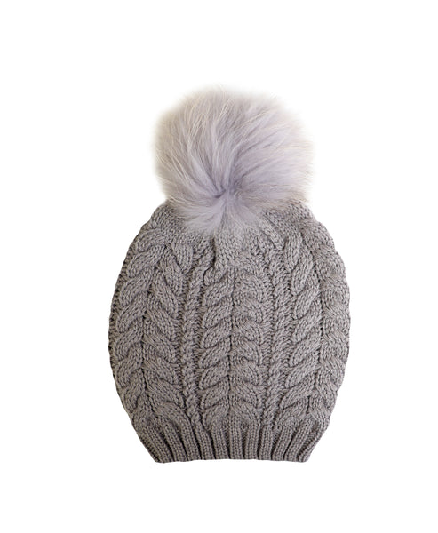 Zoom view for Cableknit Hat w/ Fur Pom