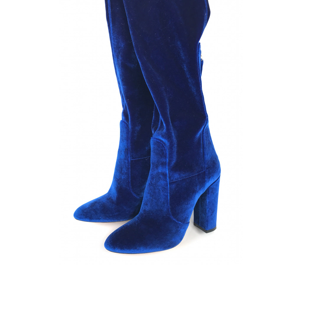 blue velvet knee high boots