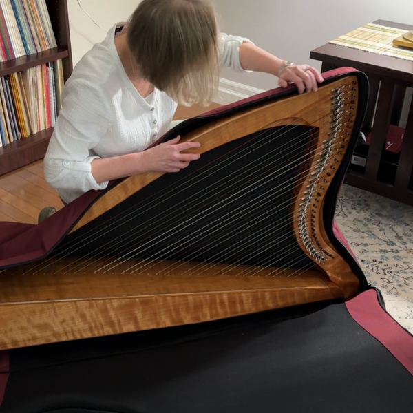 Anne unpacking the new harp