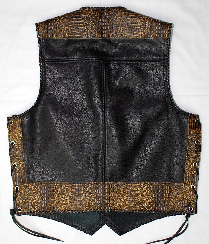 Black Leather Laced Vest Faux Yellow Croc Trim Whip Stitched No Seam Front Gypsy Leather