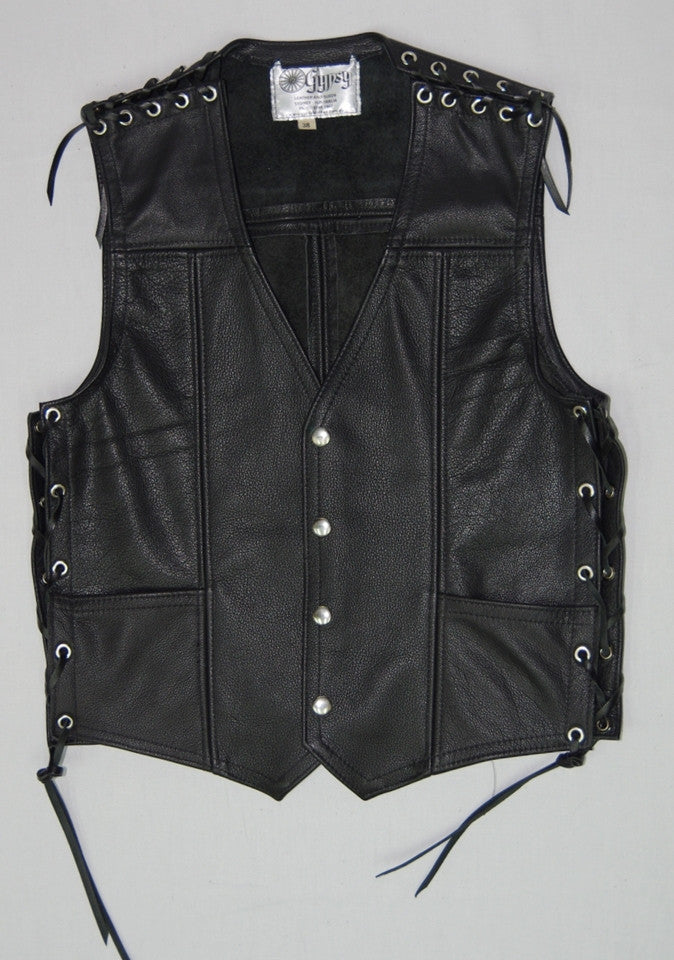Black leather mens vest with laced sides and shoulders, two front pock ...