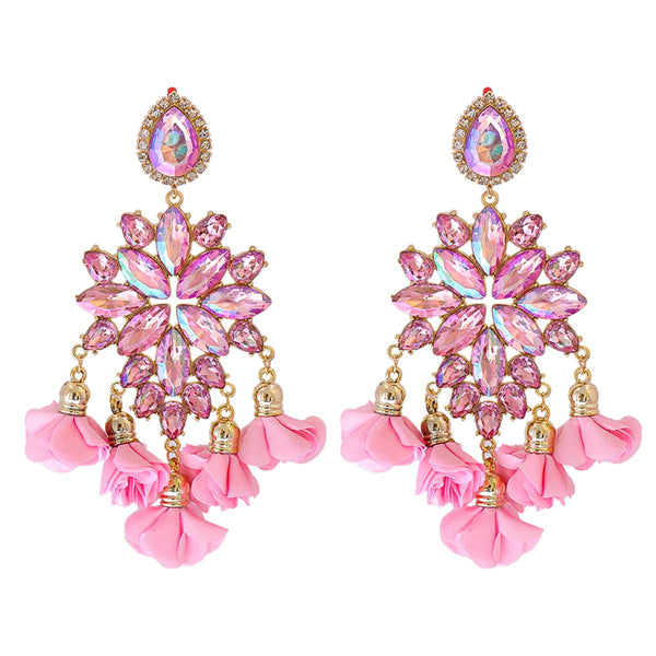 Pink Crystal & Cubic Zirconia Flower Tassel Drop Earrings