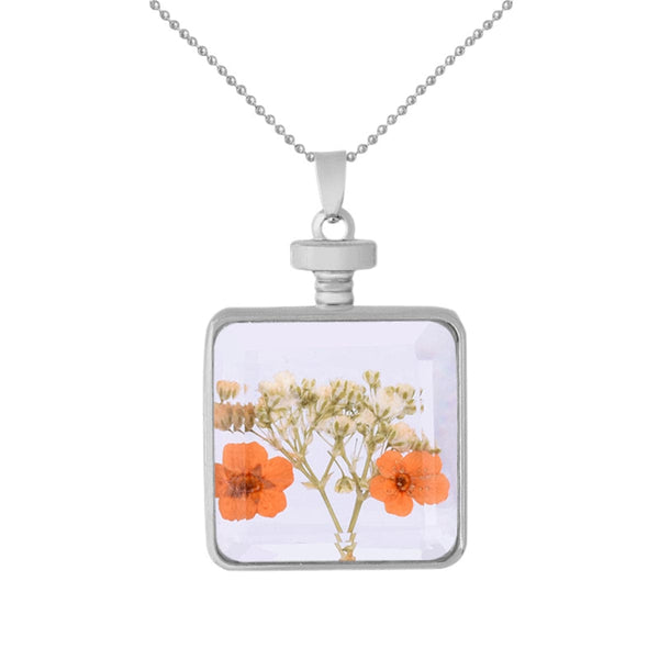 Orange & Silvertone Pressed Flower Square Pendant Necklace