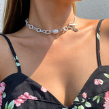 Imitation Pearl & Silvertone 'Good Luck' Chain Choker Necklace