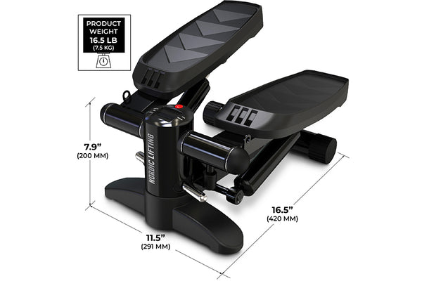 An image of the Nordic Lifting mini stepper with product measurements