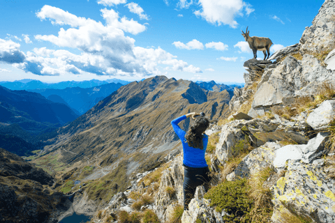 A Woman Hiker Holding A Camera Photographing A Deer At The Top Of The Mountain With A Stunning Landscape At The Background