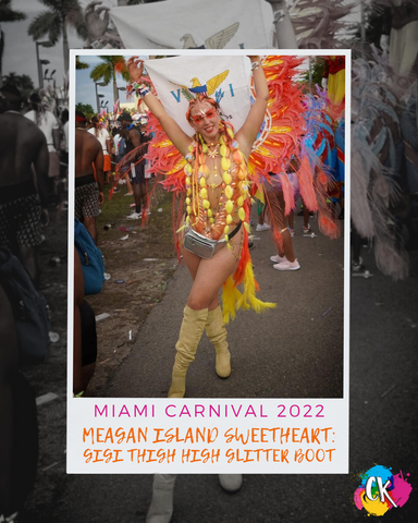 Meagan The Island Sweetheart from the US Virgin Islands at Miami carnival 2022 wearing carnival kicks GG thigh high glitter boots