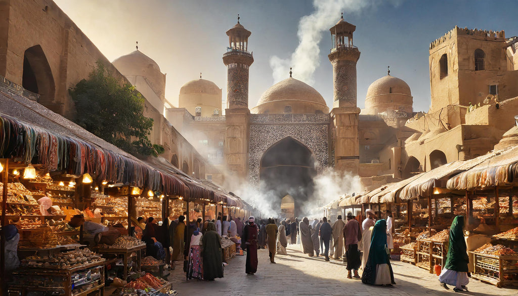 Market in middle ages with incense burning