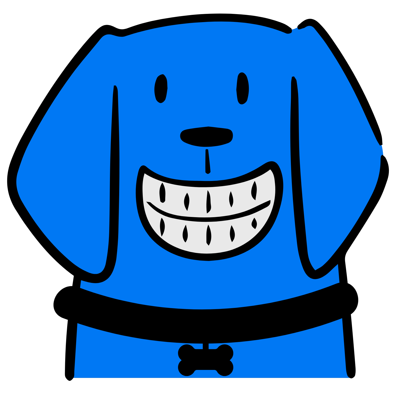 Stylized blue dog with a wide, watermelon slice smile.