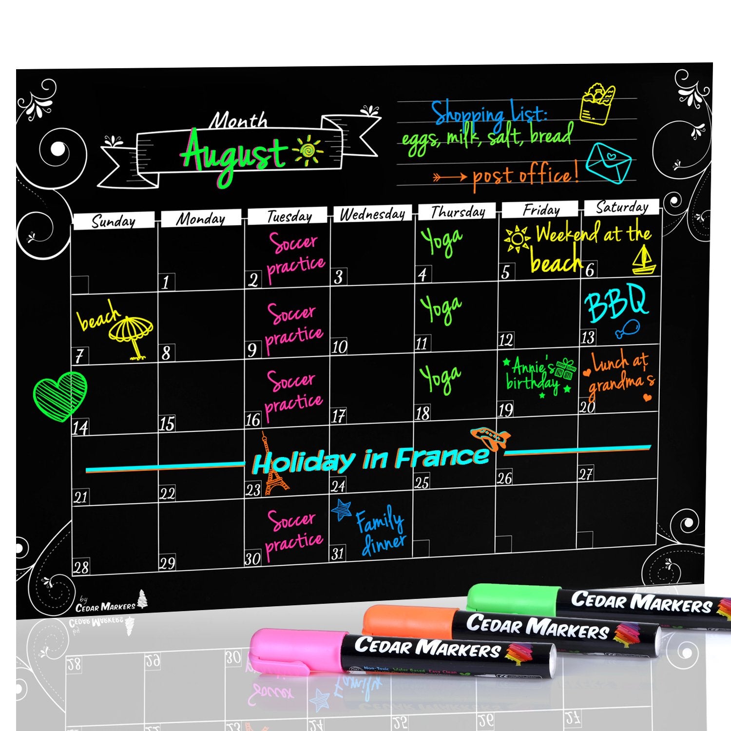 Black Magnetic Fridge Calendar With 3 Free Chalk Markers Cedar