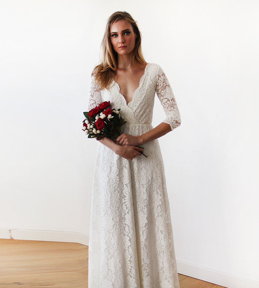 Ivory Lace Maxi Dress With Sleeves on ...