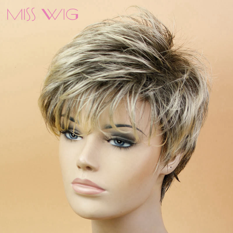 Black Mixed Blonde Straighe Wig Short Pixie Cut Style Wigs For Black W