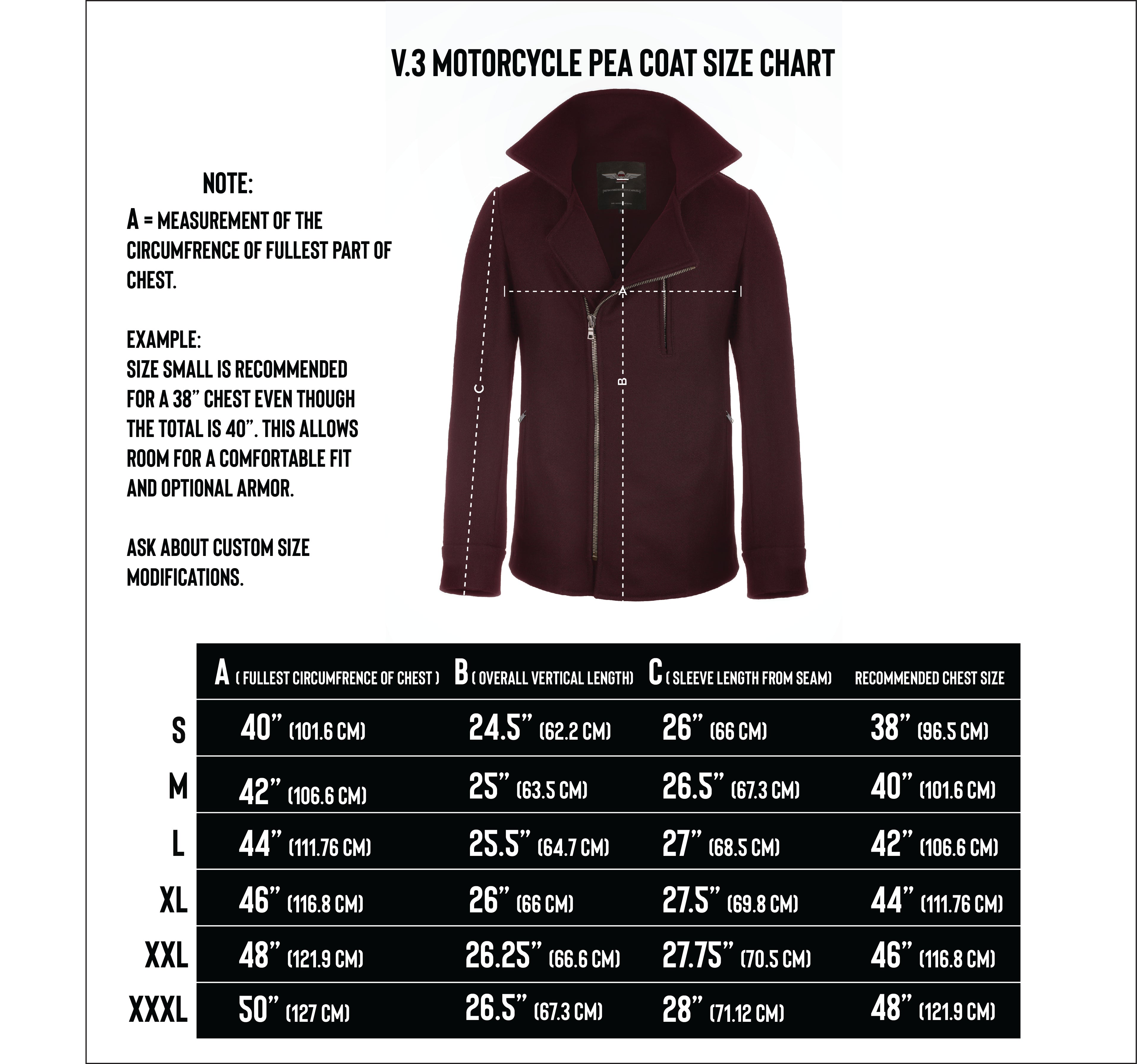 v.3 motorcycle pea coat size chart