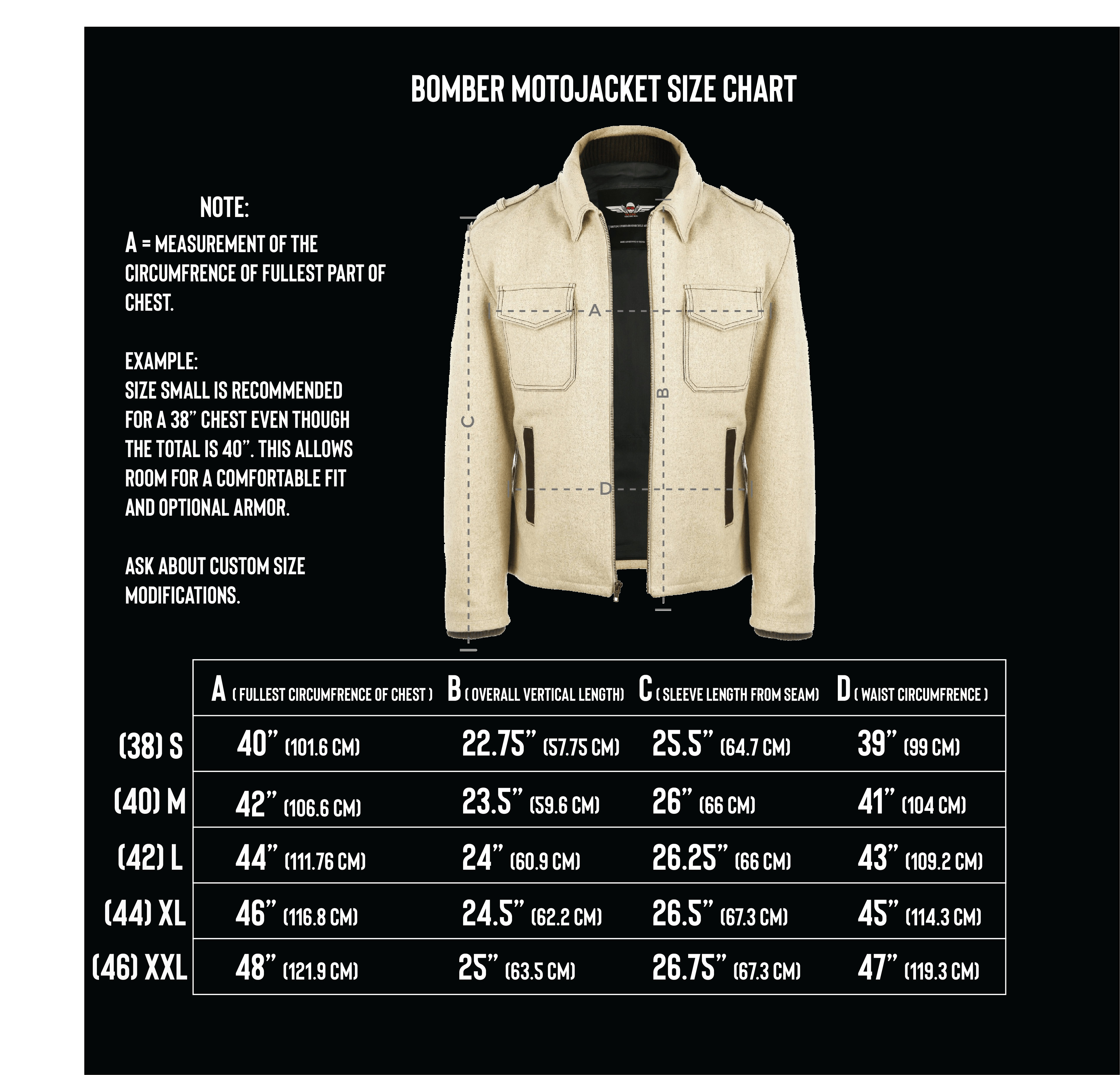 Bomber Moto jacket size chart VKTRE