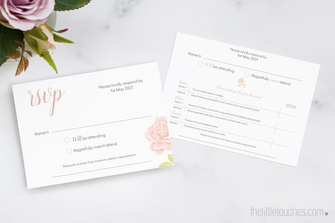 Rose Wedding Invitation RSVP card with menu options