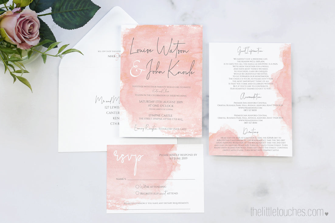 Pink Watercolour Wedding Invitation Set Templates