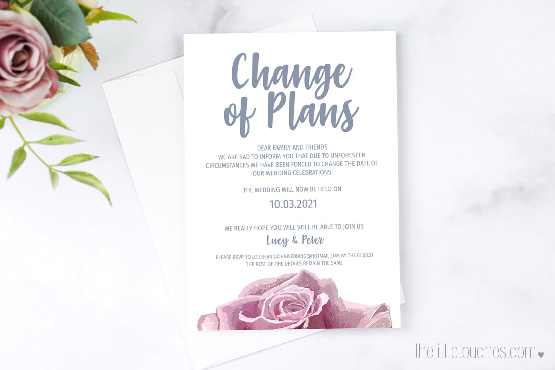 Rose design wedding change of date card