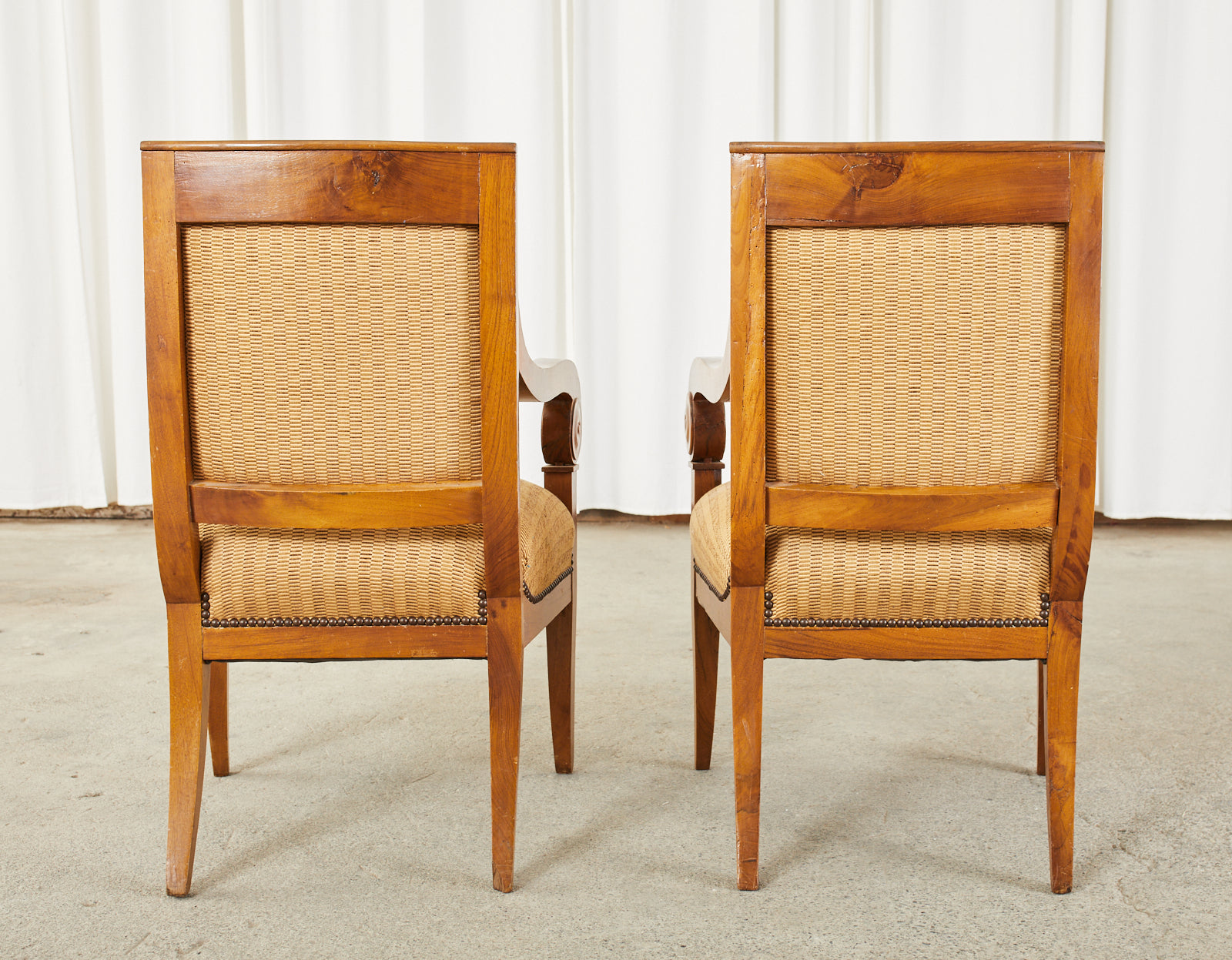 Set of Six French Empire Walnut Dining Armchairs