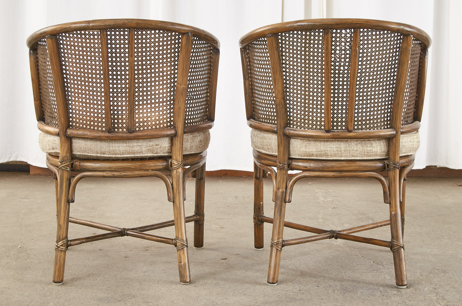 Set of Four McGuire Rattan Caned Barrel Dining Chairs