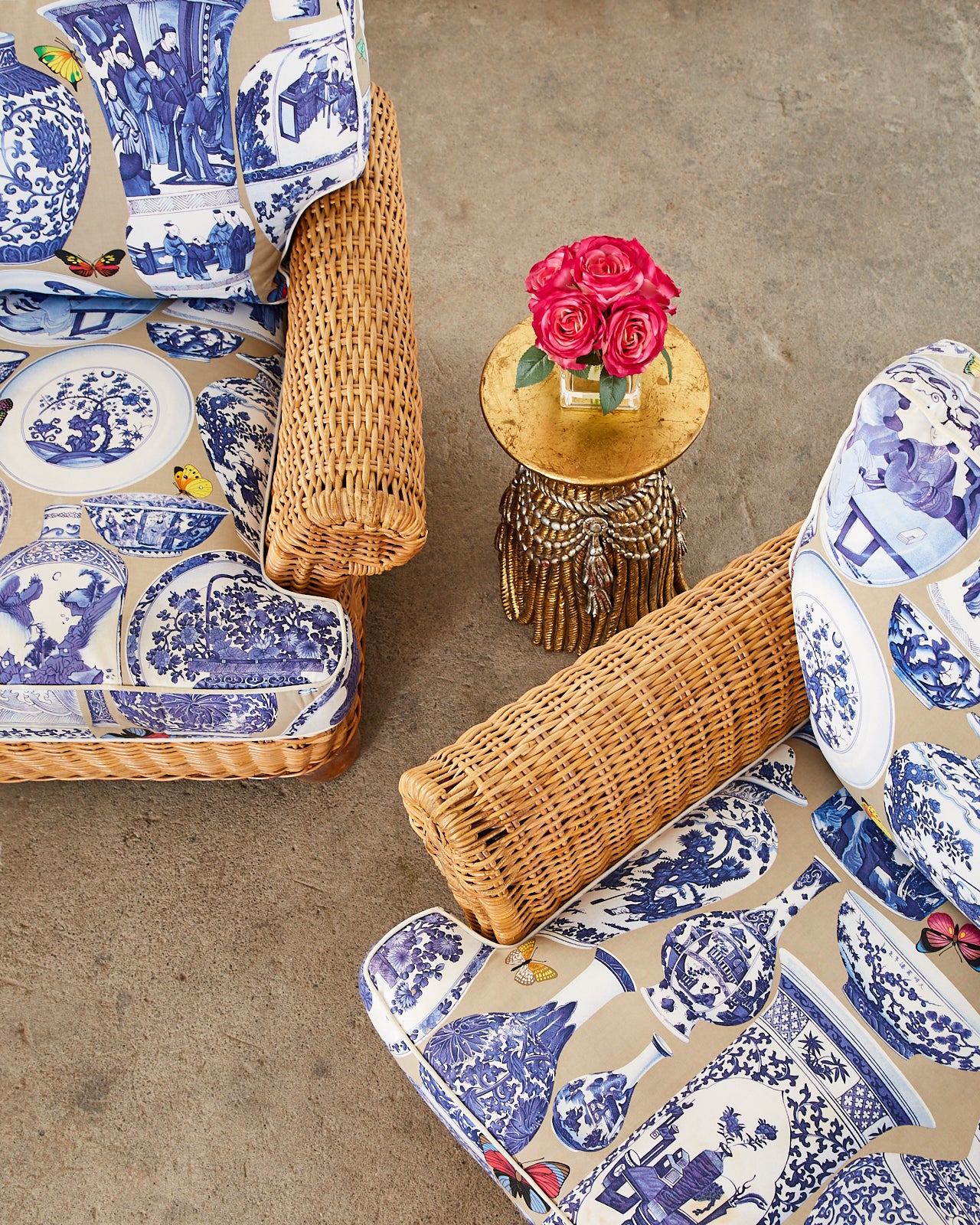 Wicker Rattan Settee and Armchair Chinoiserie Blue and White Upholstery