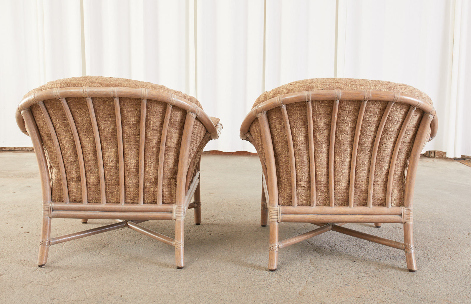 Pair of McGuire Oversized Cerused Rattan Lounge Chairs & Ottoman