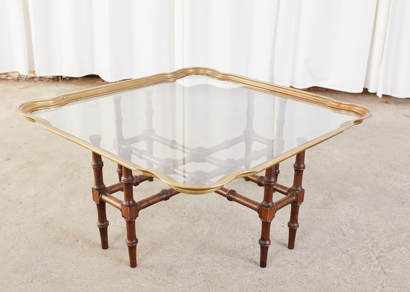 Baker Attributed Faux Bamboo Brass Tray Cocktail Table