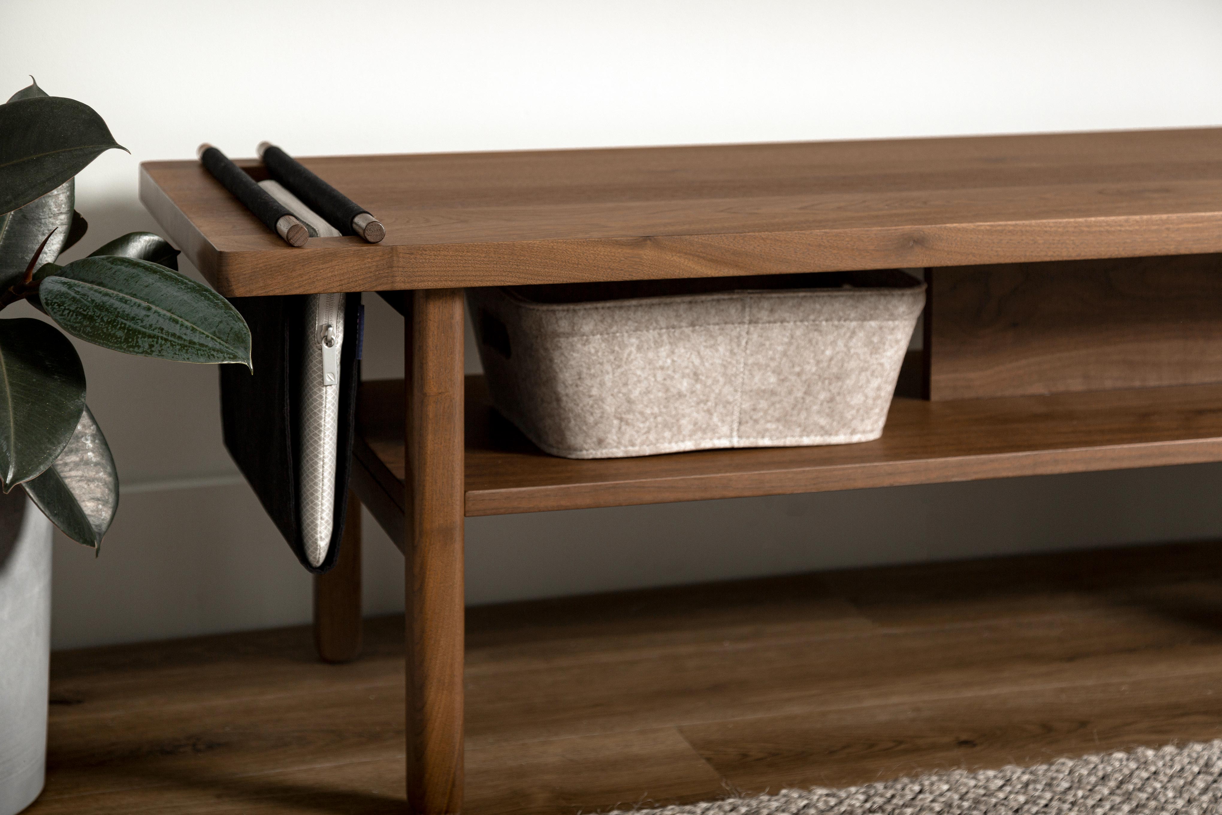 Walnut bench media console, seating and storage