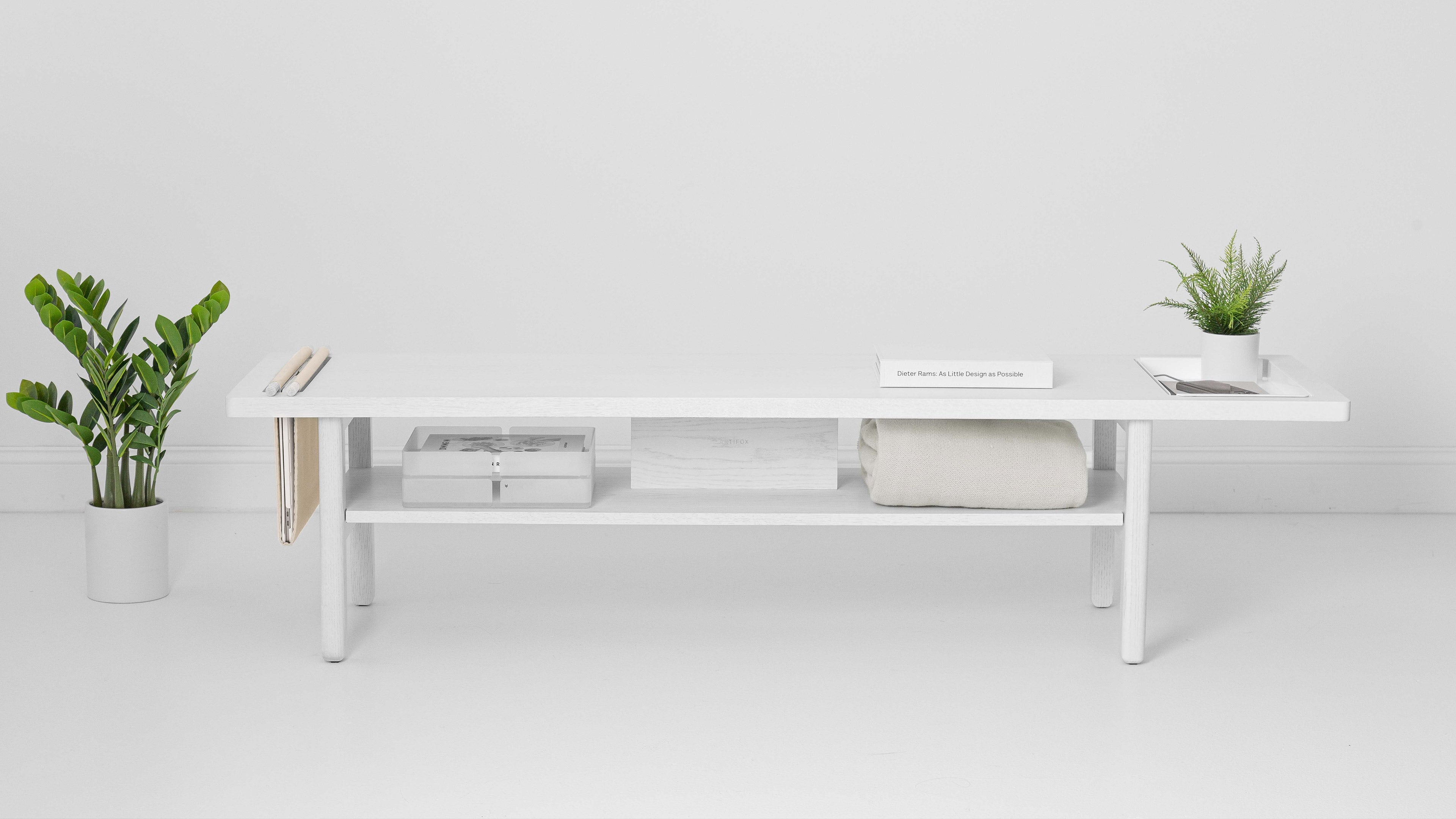 White bench media console, seating and storage