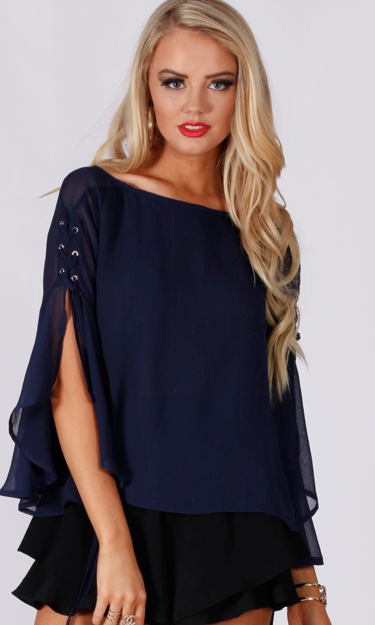 Rv1154 1ss Navy Chiffon Tie Sleeve Blouse Pack 