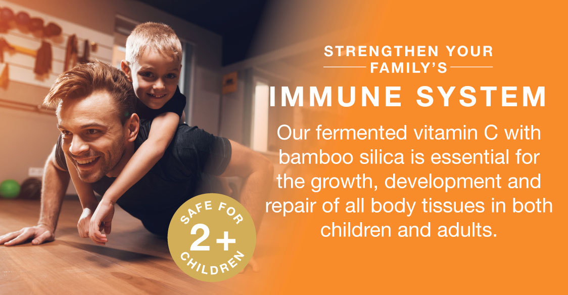 Our fermented vitamin C with bamboo silica is essential for growth, development, and repair of all body tissues